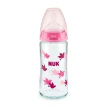Biberon NUK First Choice Plus verre 240 ml avec tétine silicone M, valve anti-colique, indicateur température SafeTemp, sans BPA – idéal dès 0‑6 mois.