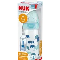 Biberon NUK First Choice Plus verre 240 ml avec tétine silicone M, valve anti-colique, indicateur température SafeTemp, sans BPA – idéal dès 0‑6 mois.
