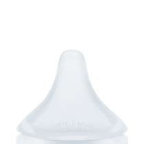 Lot 2 tétines silicone NUK Perfect Match 0 mois+, très souples, large repose-lèvres, anti-colique, sans BPA, s’adaptent à la bouche de bébé.