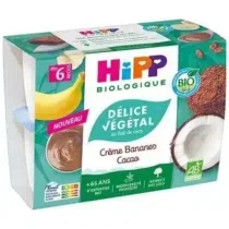 Découvrez HiPP Délice Végétal crème bananes cacao – dessert 100 % végétal au lait de coco, sans sucres ajoutés, bio, dès 6 mois. Lot 4×100 g.