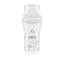 Découvrez le biberon NUK Perfect Match 260 ml : tétine silicone extra souple, anti‑colique, indicateur de température SafeTemp, sans BPA. Idéal dès 3 mois.