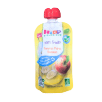 HiPP compote bio 100% fruits : pommes, poires, bananes. Dès 4 mois, sans sucre ajouté. Gourde 90g pratique. Livraison 24h sur bebemaman.ma.