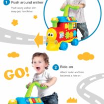 Train d’apprentissage Winfun 3 en 1 : pousseur, porteur et centre d’activités. Stimule la motricité et l’éveil des bébés dès 12 mois.