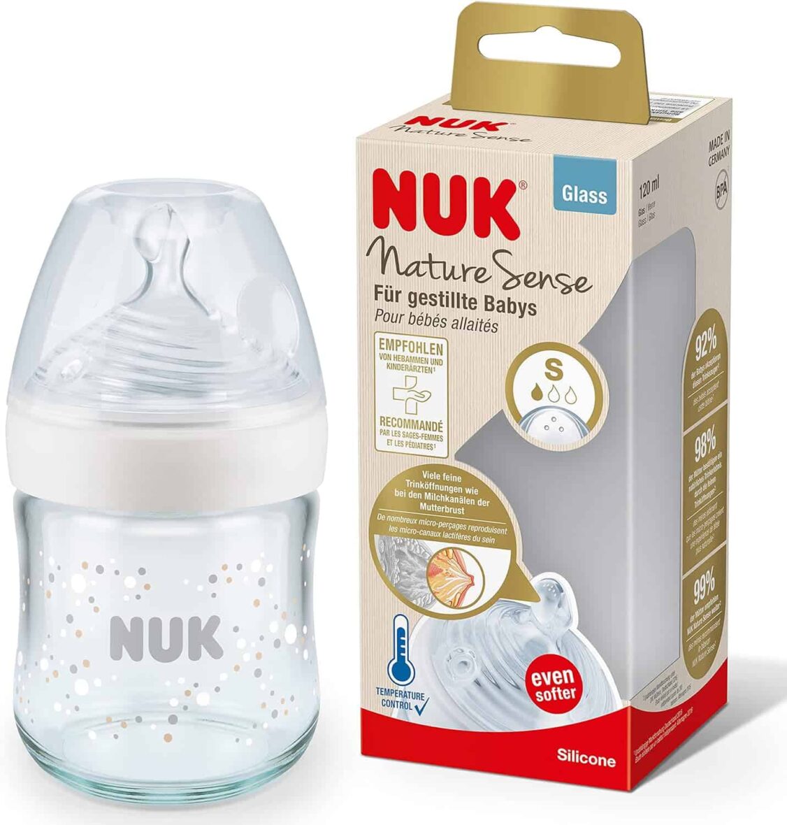 Nuk Biberon Nature Sense en Verre 120ml – Blanc
