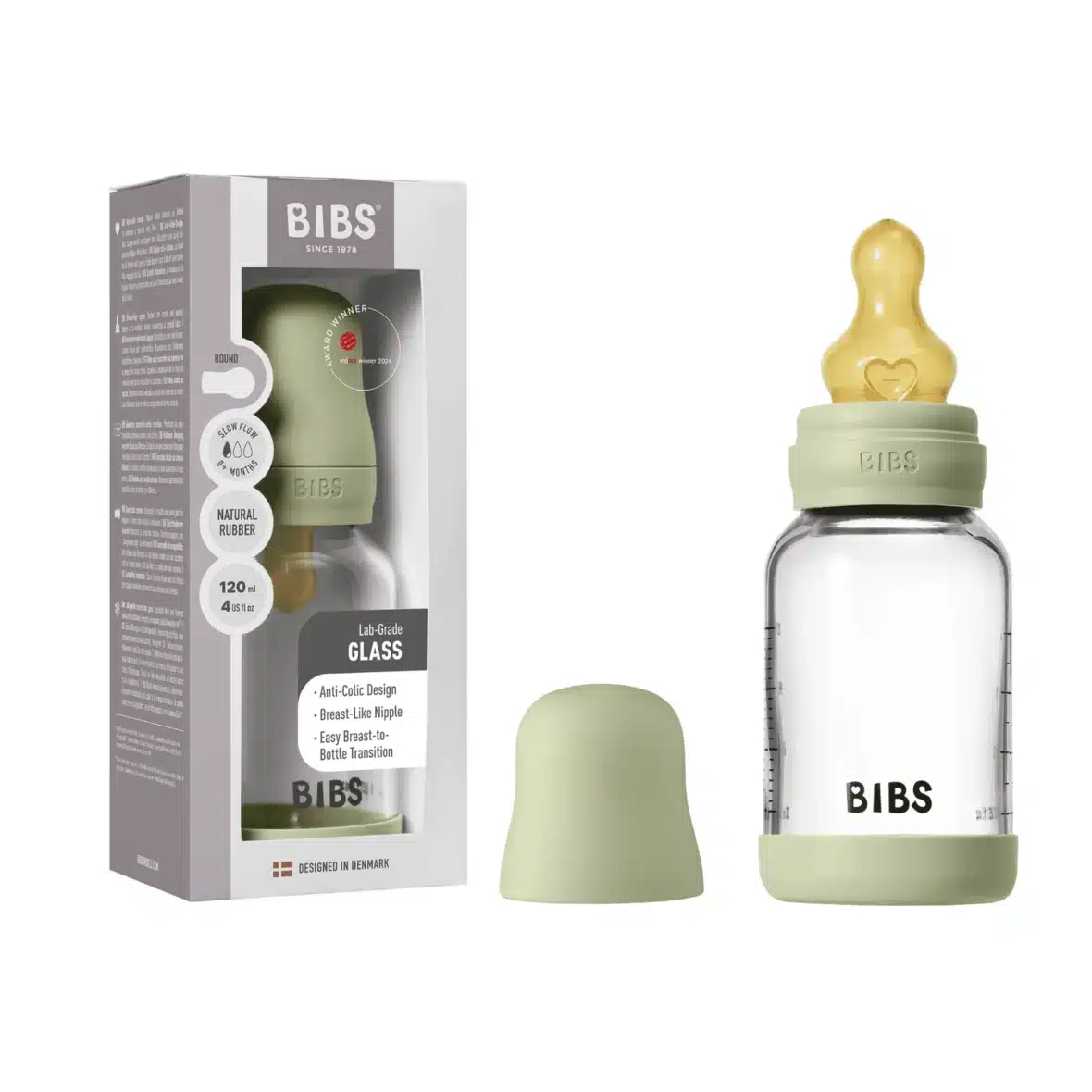 Bibs Biberon en verre rond avec tétine 120ml – Sauge -2- bebemaman