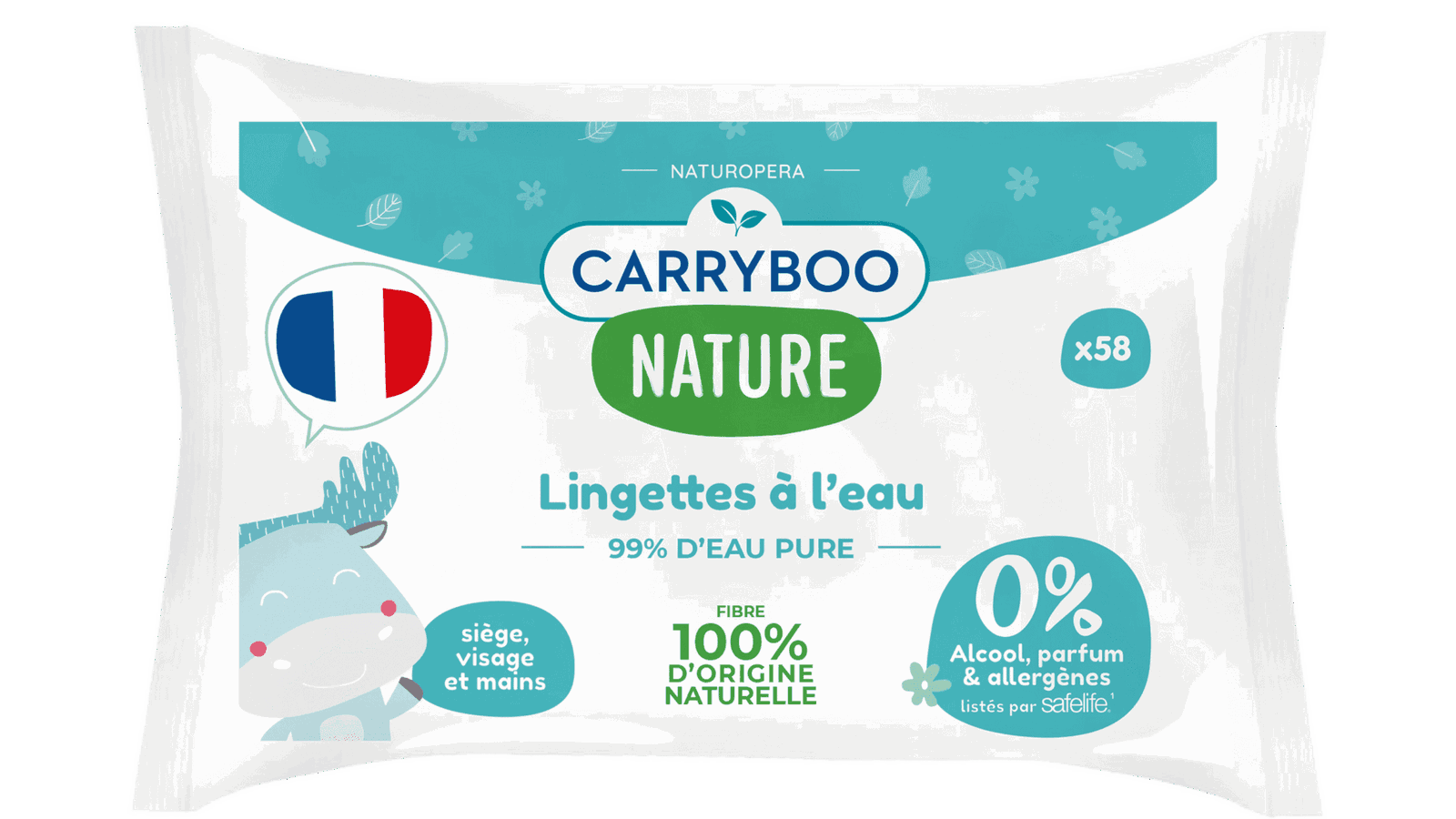 Carryboo Lingettes à l’Eau Pure – 58 Unités