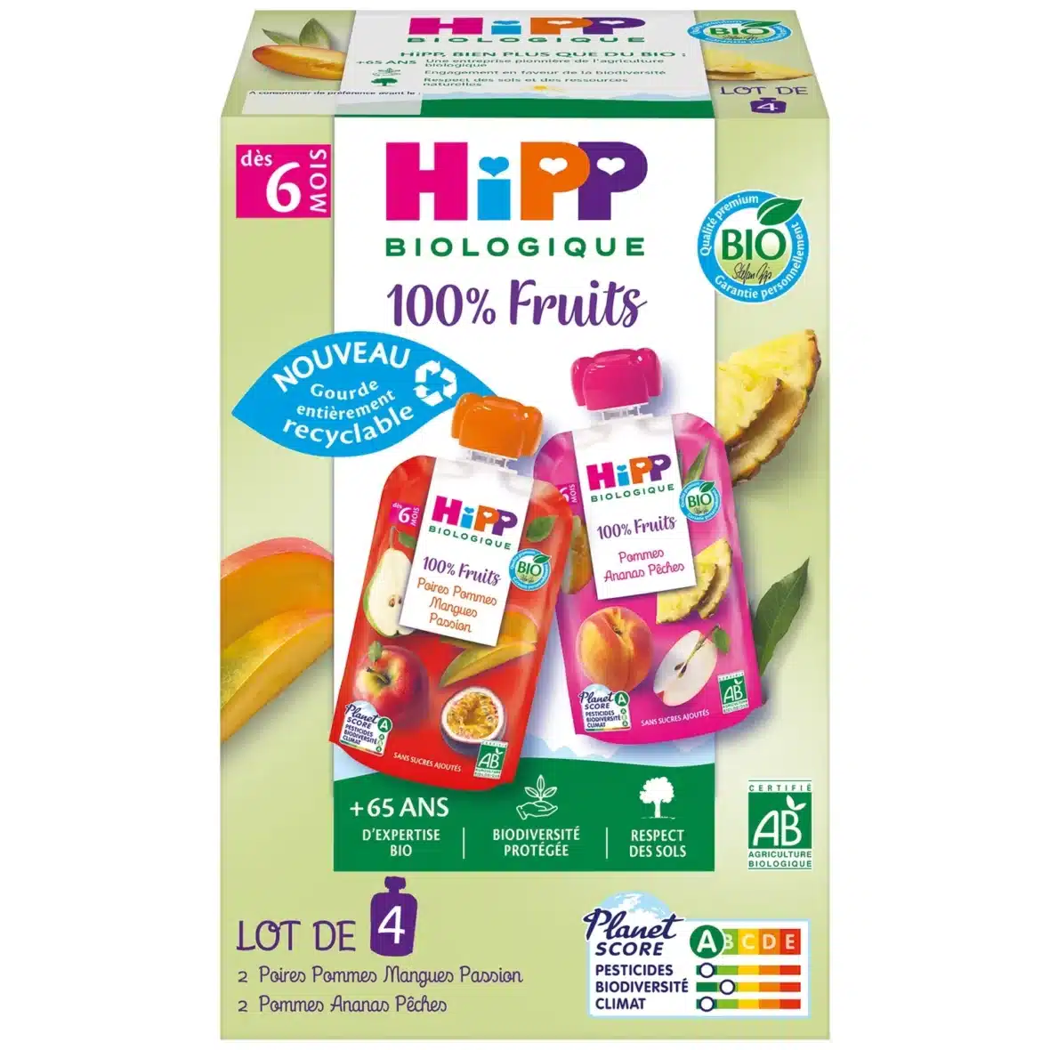Hipp Gourde dessert aux fruits 2 variétés bio Pommes Mangues Ananas Pêches 6m+ 4x90g