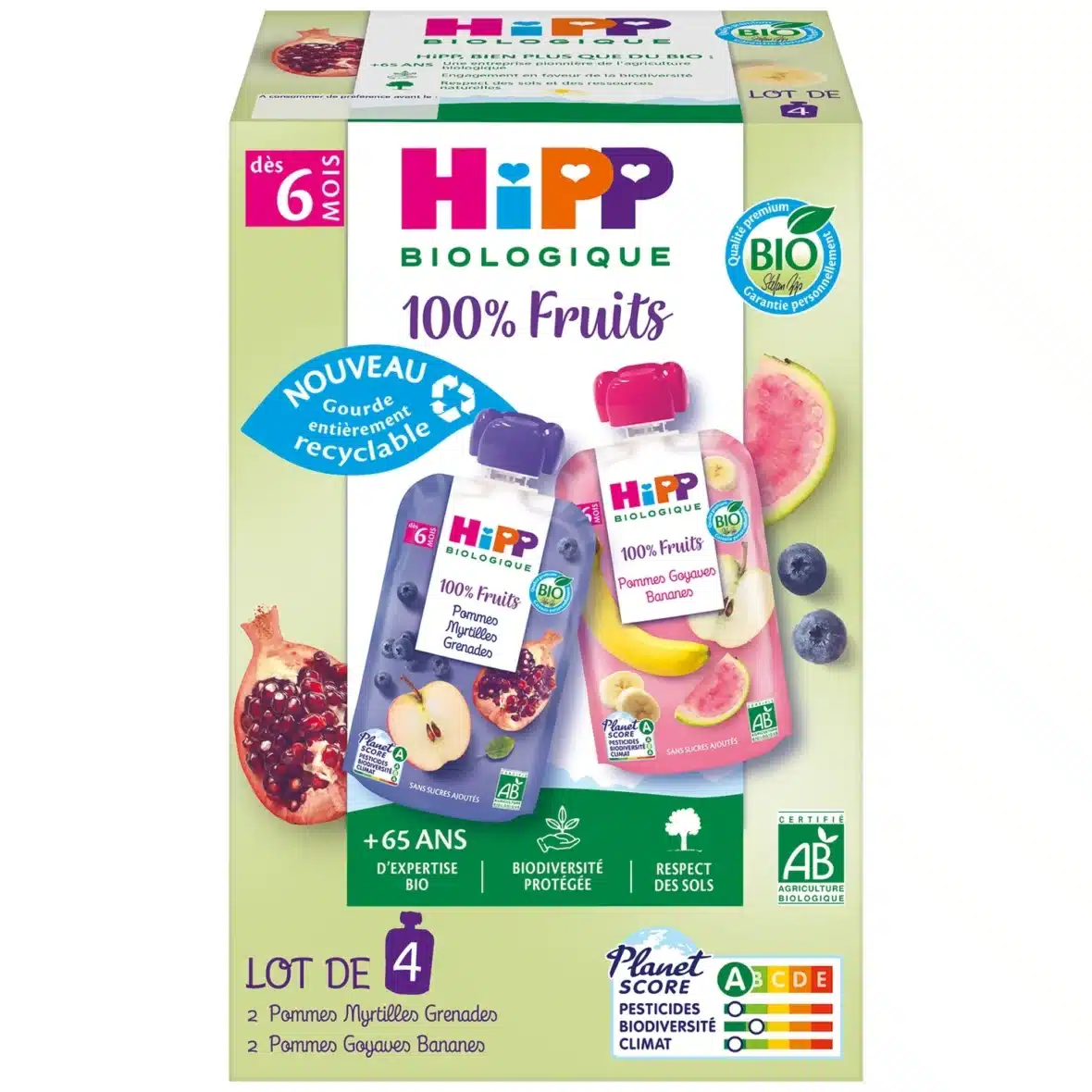 Hipp Gourde dessert aux fruits 2 variétés bio 6mois+ Pommes Myrtilles Grenades Goyaves 4x90g