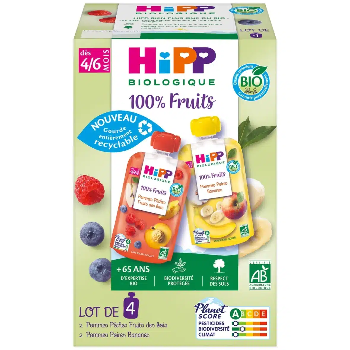 Hipp Gourde dessert aux fruits 2 variétés bio Pomme Pêche Banane Fruits des bois 4/6m+ 4x90g