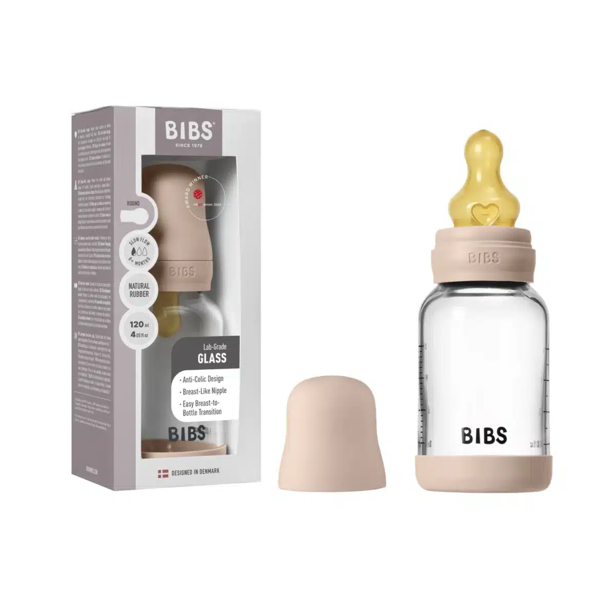 biberon en verre Bibs 120ml latex débit lent rose poudré -1- bebemaman