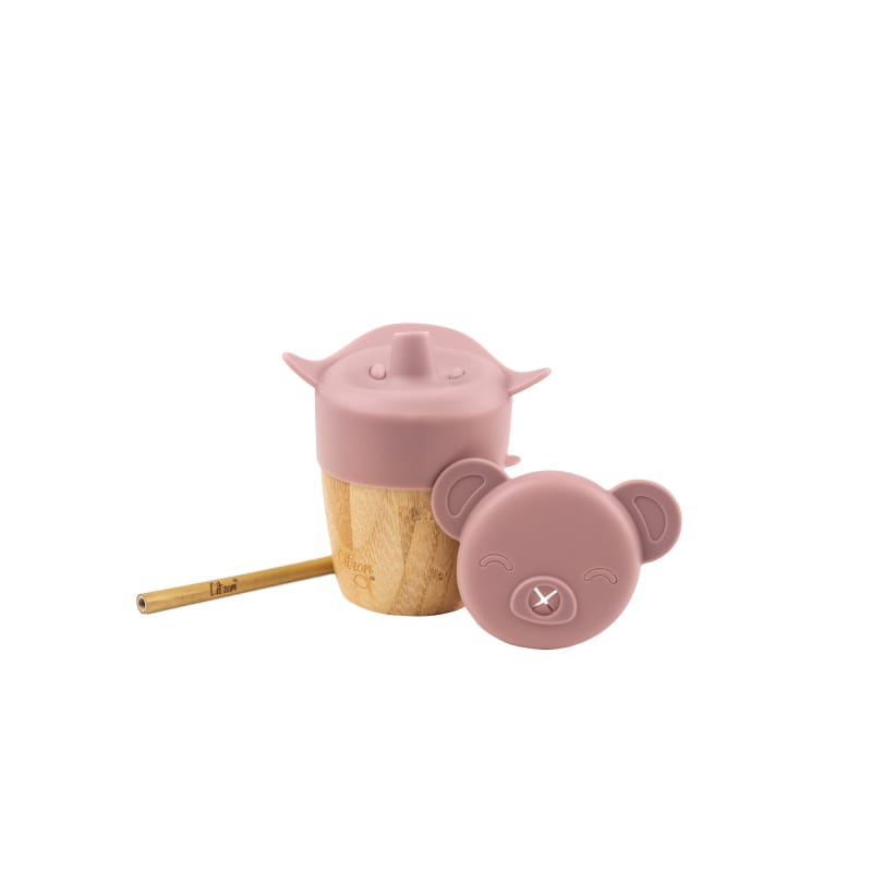 Citron Tasse en bambou avec 2 couvercles et paille 6m+ – Rose blush