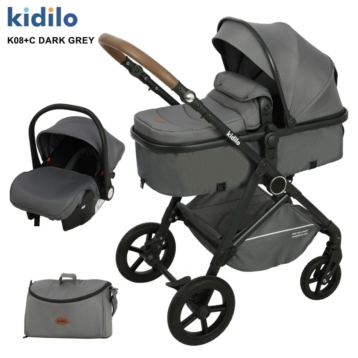 Kidilo K08+C Poussette Confort et Élégance pour bébé + Sac + Cosy Gris foncé