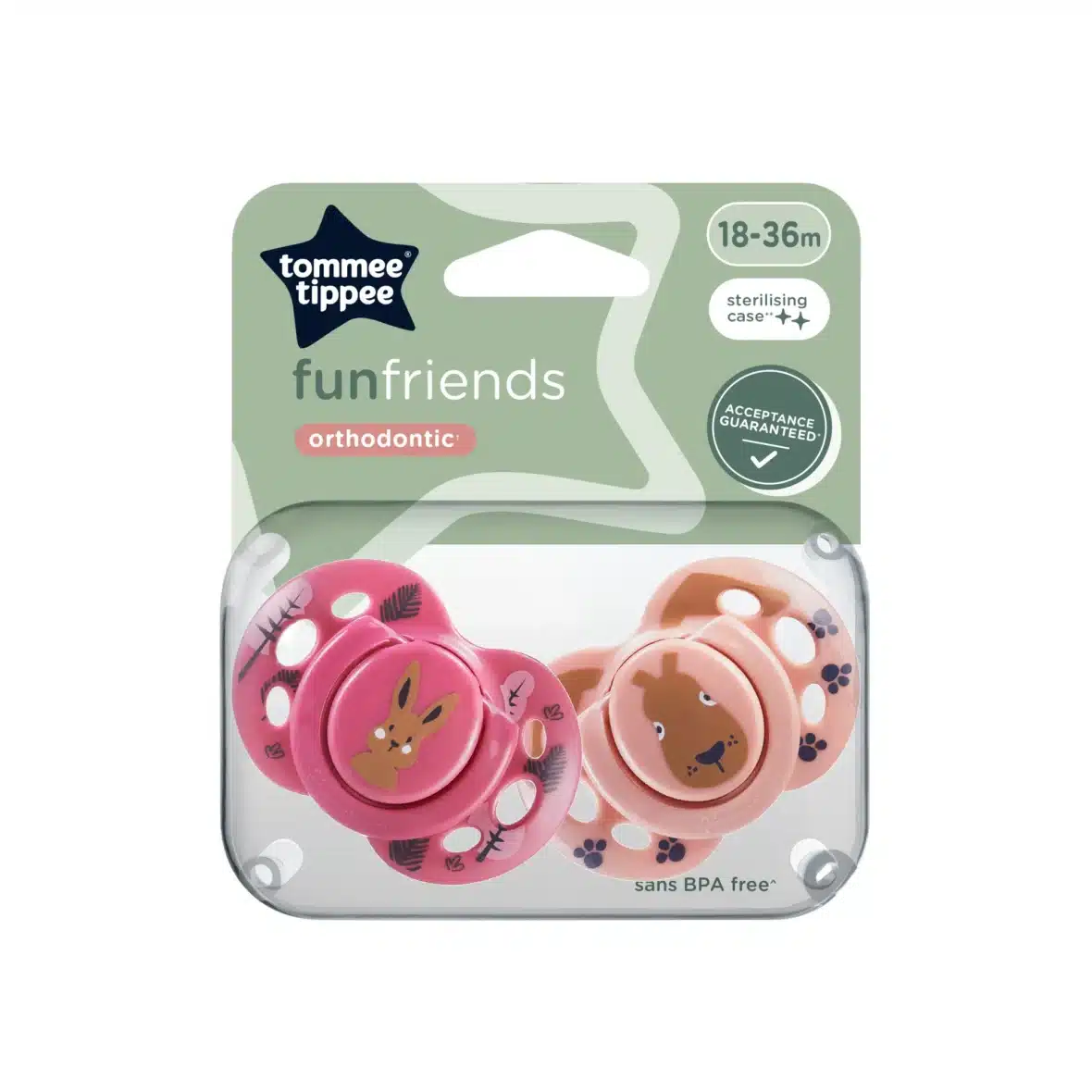 Tommee Tippee Lot de 2 Sucettes Fun Friends Orthodontic 18-36m Rose