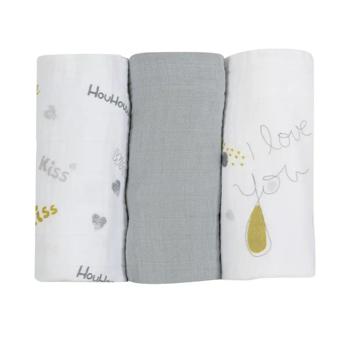 Trois Kilos Sept Lot de 3 langes I love you multicolore en masseline 100% coton 70×70 cm