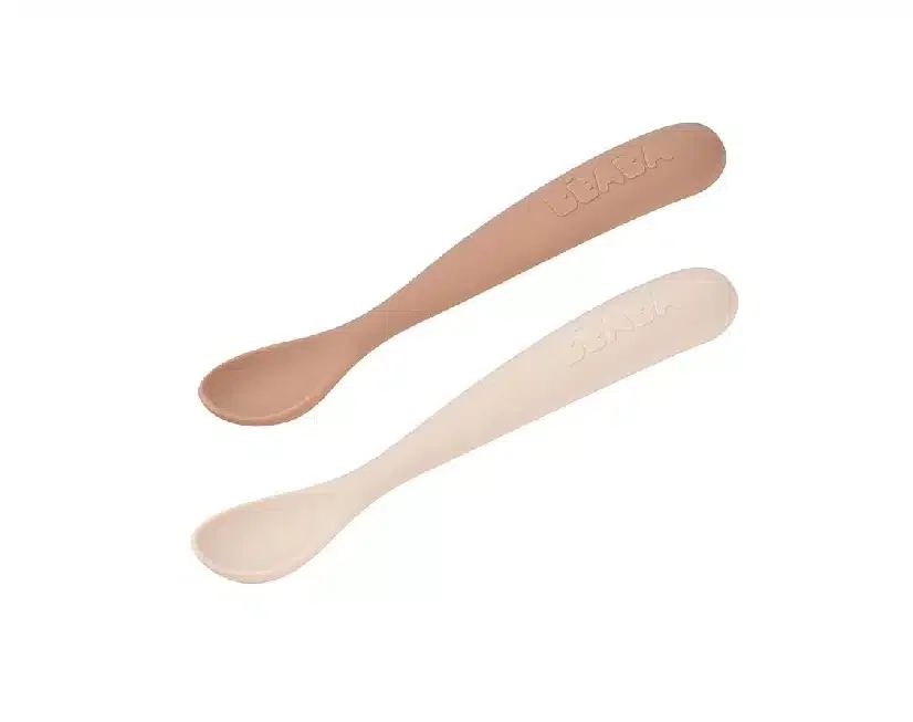 Beaba Lot de 2 cuillères en silicone 4m+ avec étui de voyage beige/marron