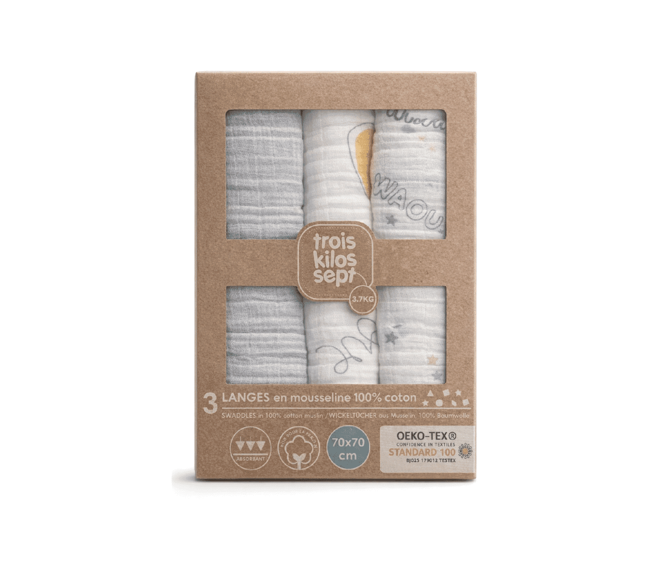 lot de 3 langes bébé en mousseline 70×70 multicolore (1) bebemaman