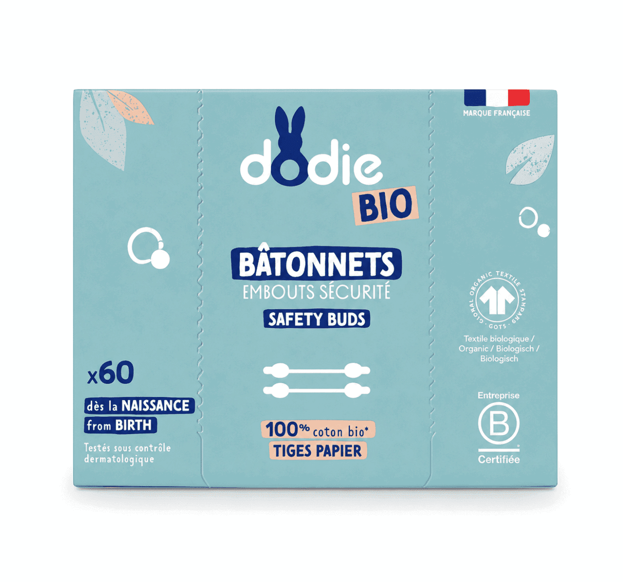 Dodie Bâtonnets Embouts Sécurité Coton Tiges Bio Bébé x60