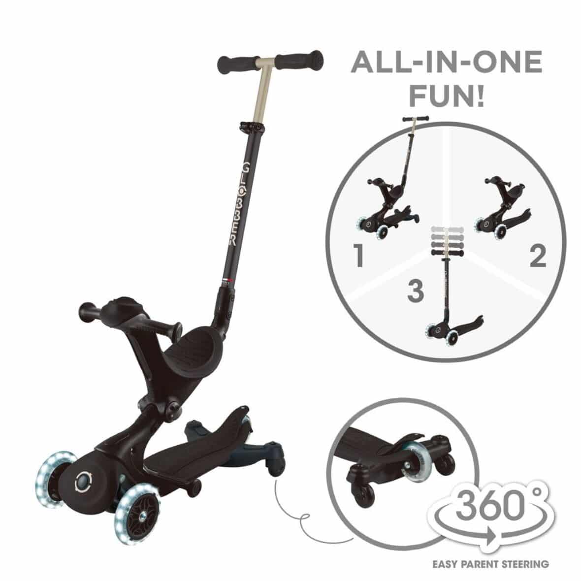 Trottinette évolutive Globber Go-Up Deluxe Lights Eco 360° Noir -2- bebemaman