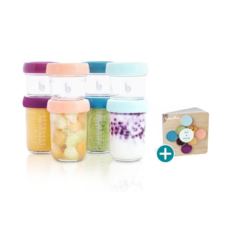 Babymoov Lot de 8 Babybols En Verre 4x100ml et 4x220ml + Livret Recettes Bio