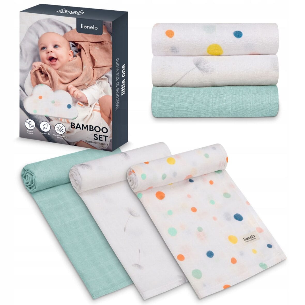 Lionelo Leaf lot de 3 langes en bambou lavables 70×70 -1- bebemaman