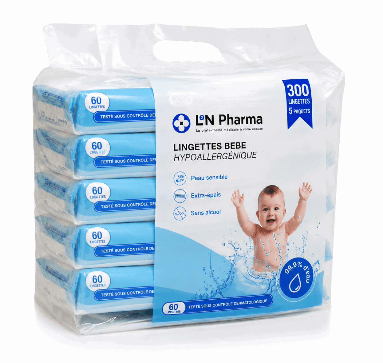 L2N Pharma Lingettes Bébé 99,9% D’Eau Pure – 5 Paquets – 300 Unités