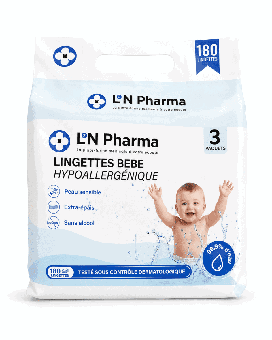 L2N Pharma Lingettes Bébé 99,9% D’Eau Pure – 3 Paquets – 180 Unités