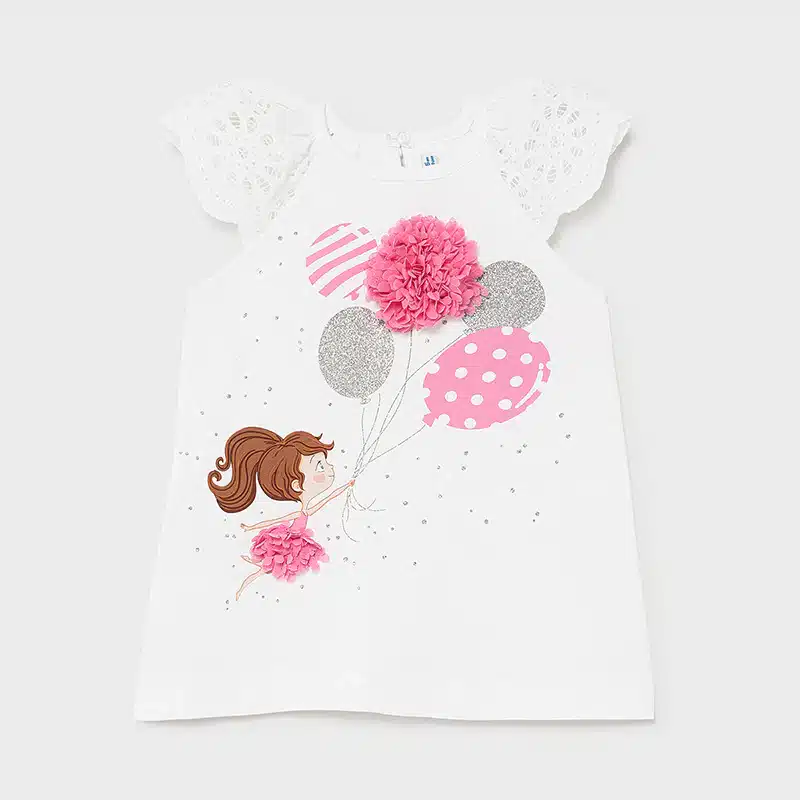 Mayoral T-shirt Fille Blanc avec Ballons et Fleurs Rose