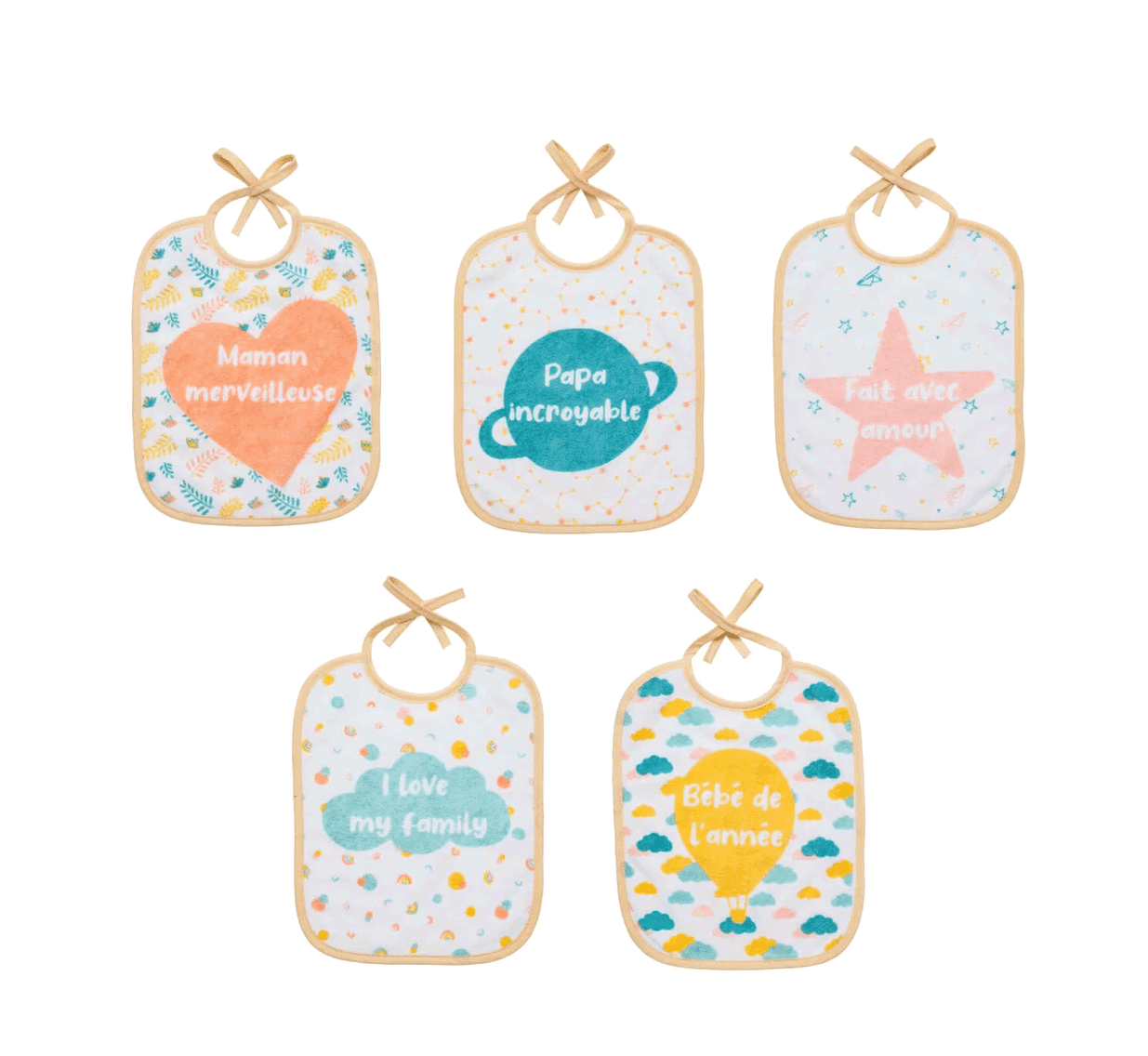 Babycalin Lot de 5 Bavoirs Naissance Love Family