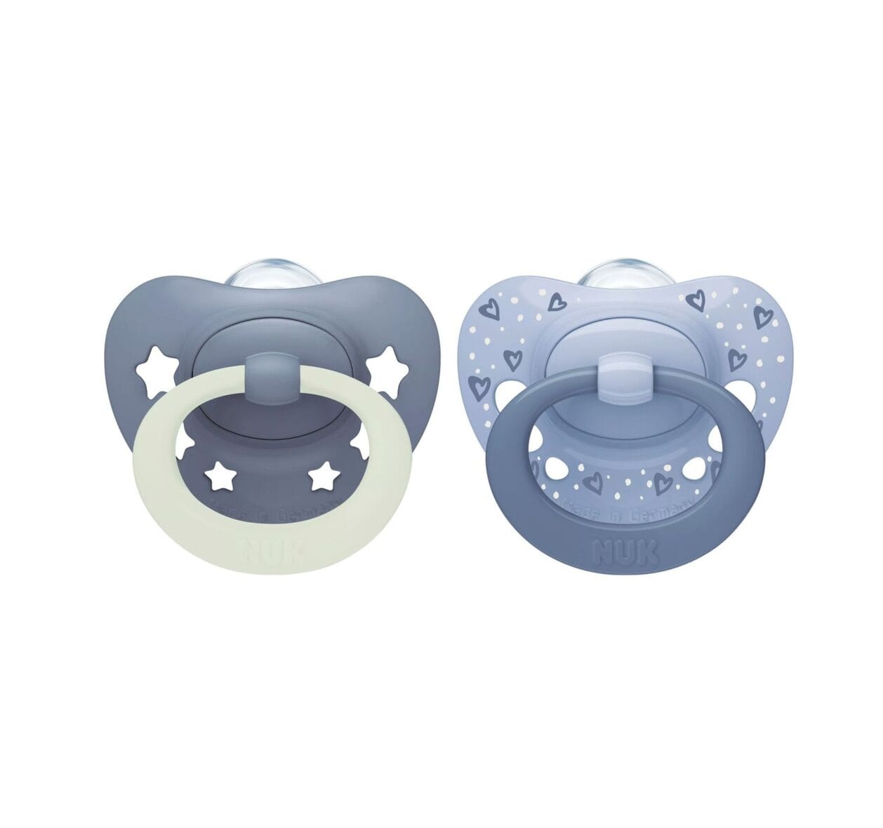 Nuk First Choice Lot de 2 Sucettes en Silicone Jour et Nuit 6-18m – Bleu Gris