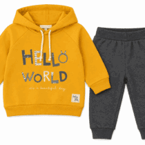 Baby Doll Ensemble Bébé Hello World Sweat Jaune Moutarde et Pantalon Gris Charbon