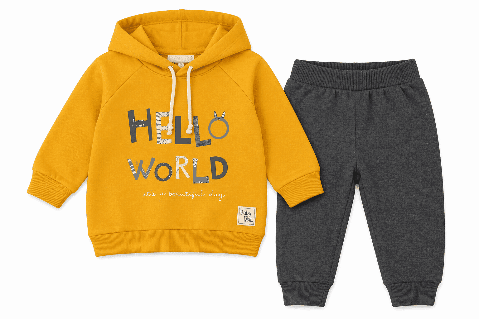 Baby Doll Ensemble Bébé 2 Pièces Hello World – Jaune Moutarde & Gris Charbon