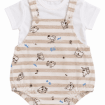 Babybol Barcelona Ensemble Bébé Puppy T-Shirt Blanc et Salopette Rayée Biscuit