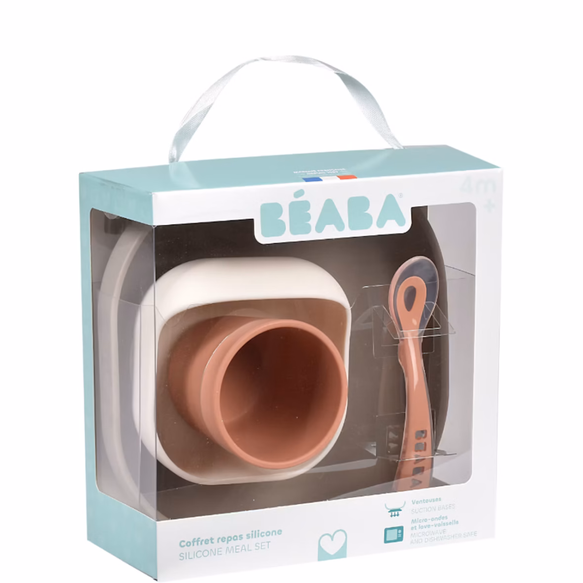 Béaba set vaisselle silicone 4 pièces Terracotta avec assiette et bol à ventouse, verre et cuillère -3-bebemaman