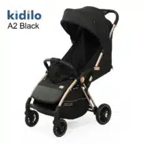 Kidilo poussette auto-pliante A2 Noir avec canopy XXL, dossier inclinable et roues pivotantes.