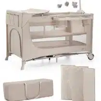 Kinderkraft JOY 2 lit parapluie 3-en-1 beige avec table à langer, mobile et rangement