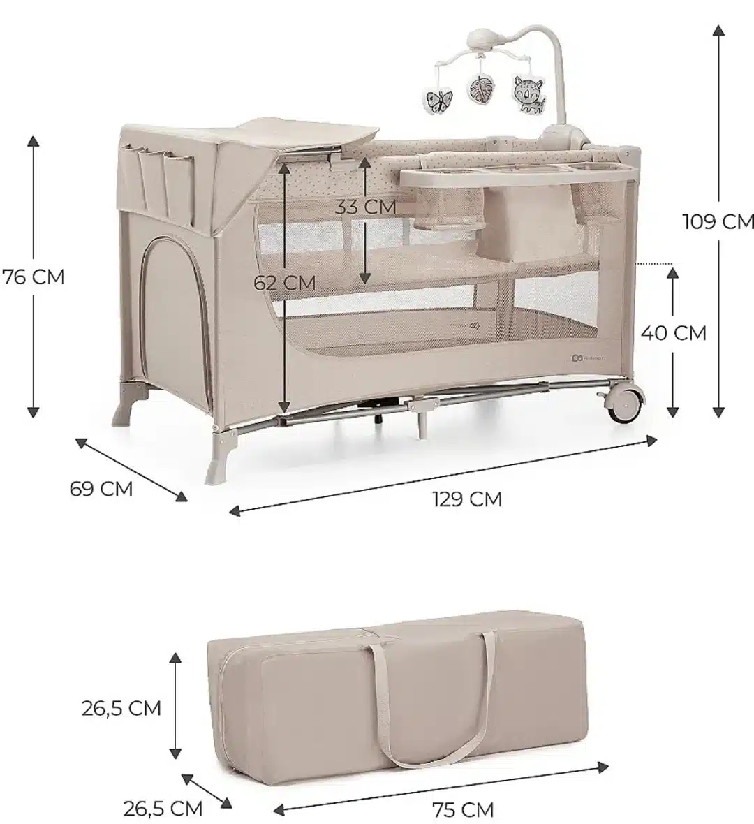 Kinderkraft JOY 2 lit parapluie 3-en-1 beige avec table à langer, mobile et rangement -2-bebemaman