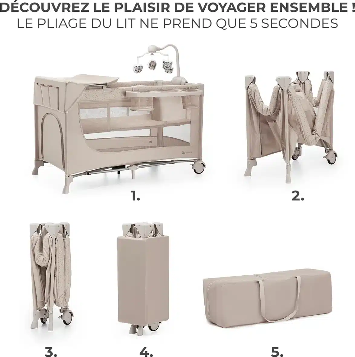 Kinderkraft JOY 2 lit parapluie 3-en-1 beige avec table à langer, mobile et rangement -3-bebemaman